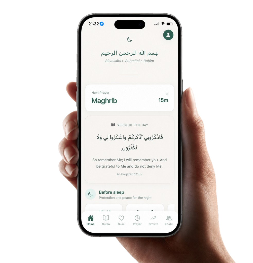 A hand holding a phone showing the Youssor home screen with prayer times and verse of the day