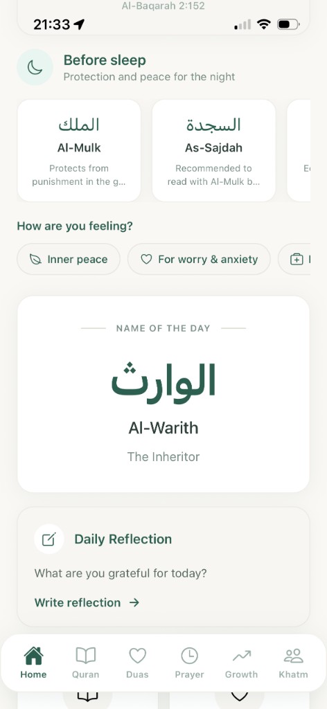Home screen with name of the day and recommendations