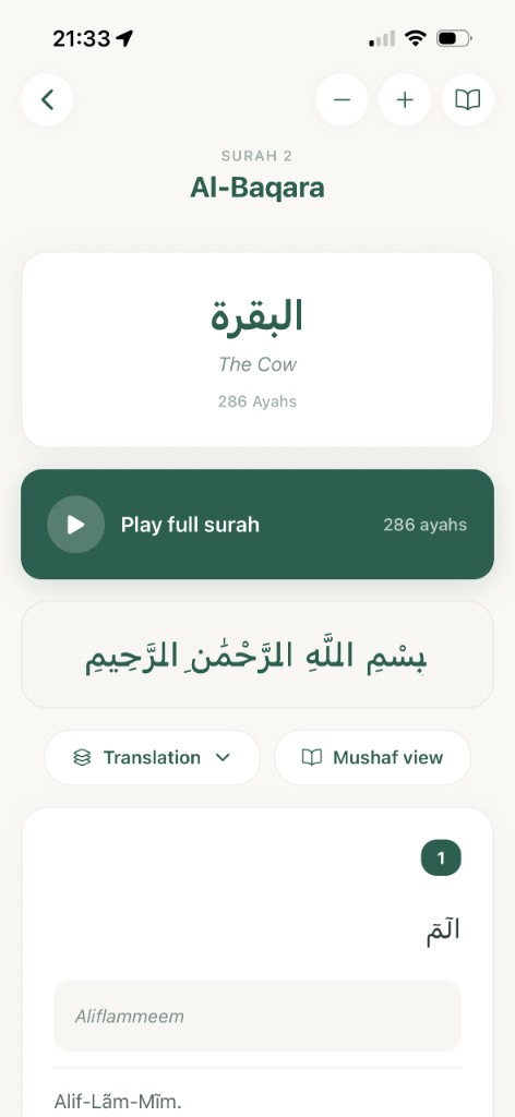 Surah reader with translation and transliteration